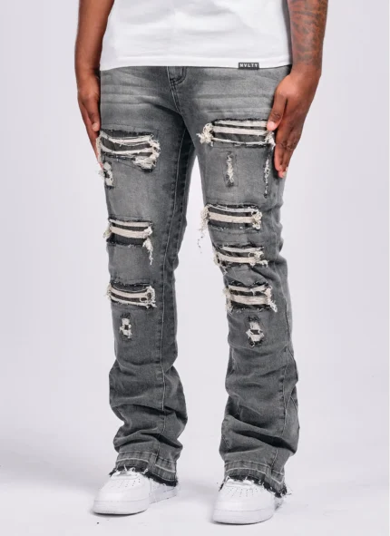 Nvlty Vintage Flare Ripped & Repaired Jeans Grey (6)